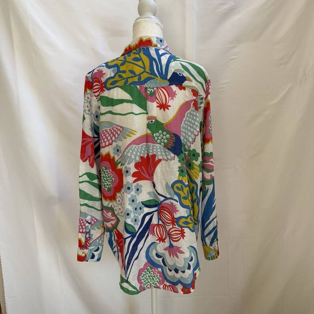Boden Linen Long Sleeve Floral Bird Button Up Blouse Women 10R Boho Resort - Picture 4 of 13